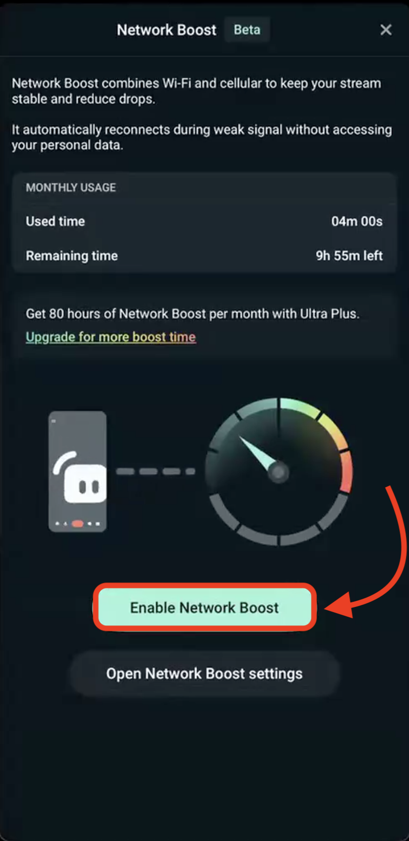 enable network boost button screen on streamlabs mobile